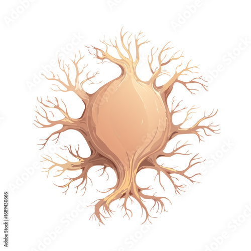Stylized Neuron Cell with Dendrites on Black Background Neural Network Illustration