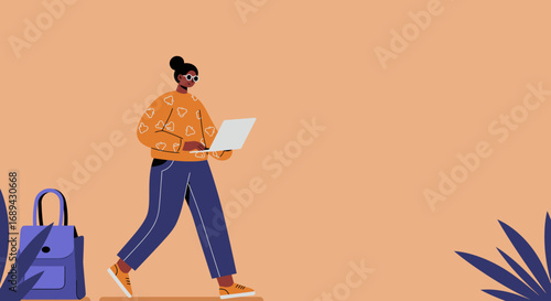 Confident professional working remotely, walking with a laptop and backpack, illustrating modern independent work and flexible lifestyle.