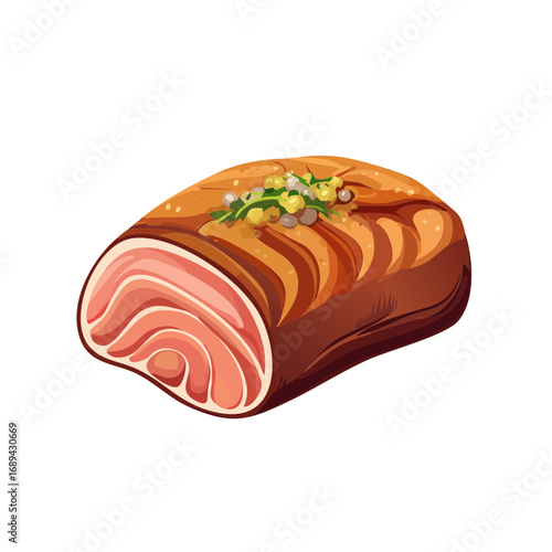 Roasted pork loin illustration with garnish Delicious cooked meat cartoon art Isolated food design Butcher shop icon Dinner entree