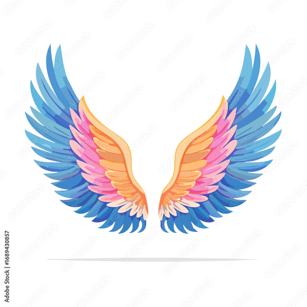 Fototapeta premium Colorful Angel Wings Illustration with Blue, Pink, and Orange Feathers