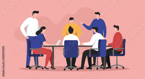 Diverse business professionals collaborate in a meeting, discussing strategies and ideas to foster teamwork and productivity in a corporate setting.