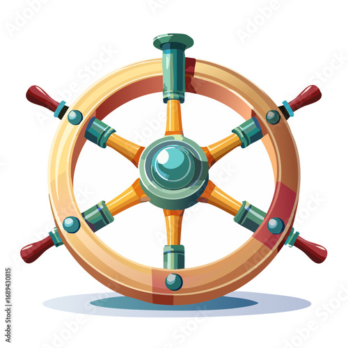 Cartoon Ship Wheel Vector Nautical Wooden Helm with Handles and Spokes Isolated