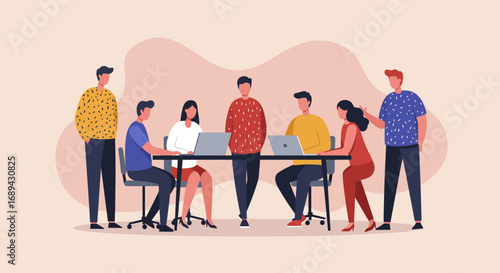 Diverse team of professionals collaborating around a table with laptops. Illustrates teamwork, innovation, and modern business communication in an office setting.