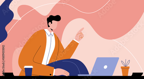 Businessman illustration pointing, using a laptop in a modern workspace. Represents business communication, online meeting, and work productivity.
