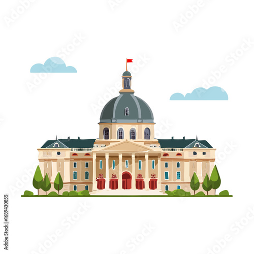 Illustration of Large Domed Building with Flag, Columns, and Archways
