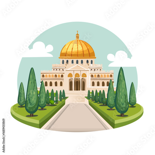 Elegant golden domed building on hillside with cypress trees and pathway cartoon illustration architecture religious