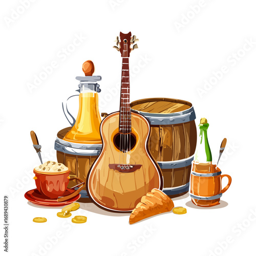 Still life illustration with guitar, oil decanter, barrels, food and coins on a black background.