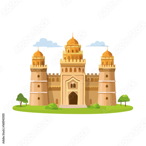 Illustration of a fictional ancient fort with towers, domes, and greenery under a cloudy sky