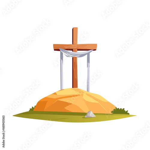 Cartoon cross on hilltop with draped cloth for religious holiday concept