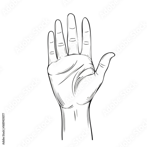 Raised hand displaying four fingers, palm raised, dark skin tone, black background illustration