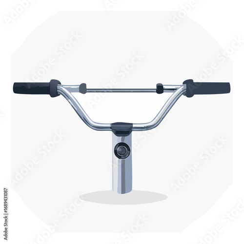Close-up view of a chrome bike handle with black grips on white, bicycle handlebar equipment, biking and riding scene, steering mechanism graphic