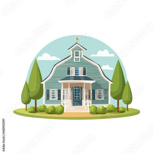Illustration of a blue gambrel roof house with trees and a lawn against a sky with clouds.