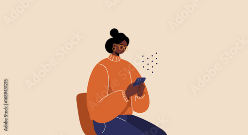 A focused woman engages with her smartphone, representing digital communication, social media, and online connectivity. Useful for business, technology, and lifestyle content.