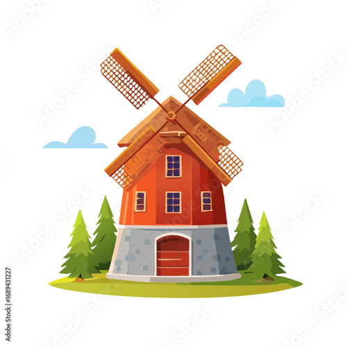 Cartoon windmill farm landscape building with pine trees and clouds set against a clear backdrop vector illustration