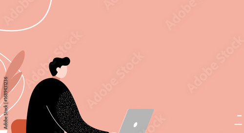 Minimalist illustration of a person focused on working remotely with a laptop. Represents modern digital work, productivity, online learning, and lifestyle concepts.