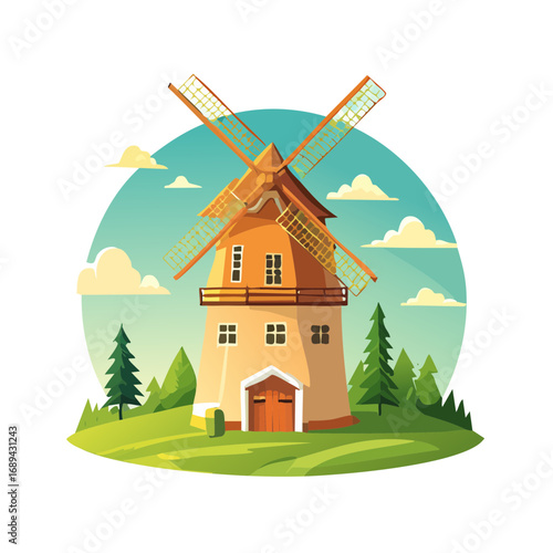 Windmill on green landscape cartoon illustration European style rural scene with farm windmill against blue sky and white clouds