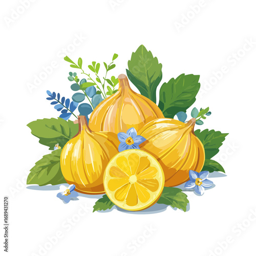 Figs and lemon arrangement illustration Yellow figs and lemon slice composition with blue flowers and leaves on black background