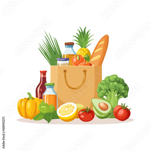 Groceries in a Shopping Bag Illustration Fresh food vegetables fruits and bread from a supermarket shop