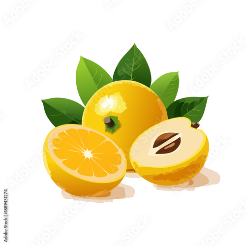 Canistel fruit illustration whole and halved with seed against black backdrop and foliage freshness and health
