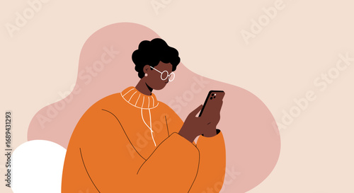 Focused person with glasses and earbuds using a smartphone, representing modern digital communication, social connection, and lifestyle.