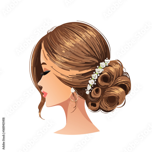 Elegant woman portrait in profile with updo hairstyle and flower hair accessories  for bridal or special occasion fashion with earrings