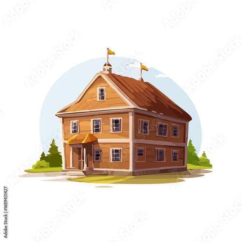 Vintage wooden building with flags vector art Two story wood house near green trees architectural illustration
