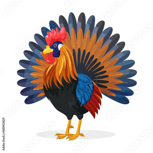 Vibrant Rooster Illustration with Colorful Feathers on Black Background Farm Animal