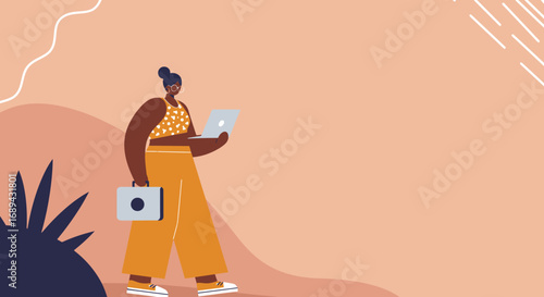 Empowered woman working on a laptop, carrying a briefcase, representing remote work, entrepreneurship, and modern business lifestyle.