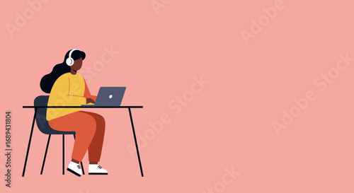 Focused woman in headphones works on laptop at desk, symbolizing remote work, online learning, and digital communication. Perfect for business, education, or lifestyle themes.