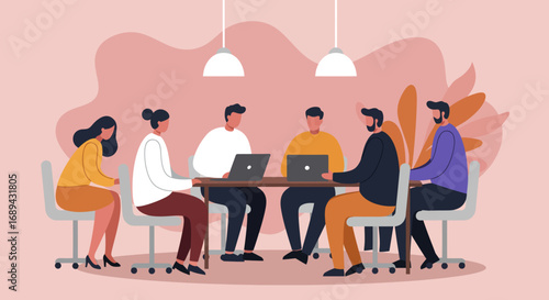 Diverse team collaborating in a modern office meeting, discussing projects with laptops. Represents teamwork, strategy, and business productivity.