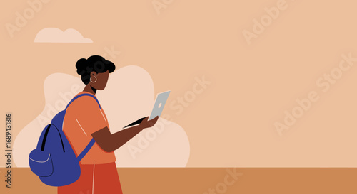 Young woman with backpack uses laptop outdoors, embodying remote work, digital learning, and a connected lifestyle. Ideal for education, business, or travel.