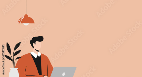 Modern flat illustration of a man working on a laptop, depicting remote work, online learning, or business productivity in a minimalist home office setting with copy space.