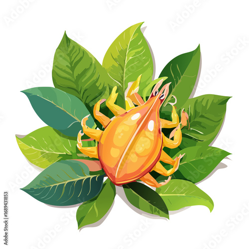 Stylized tick resting on a bed of bright green leaves vector art illustration
