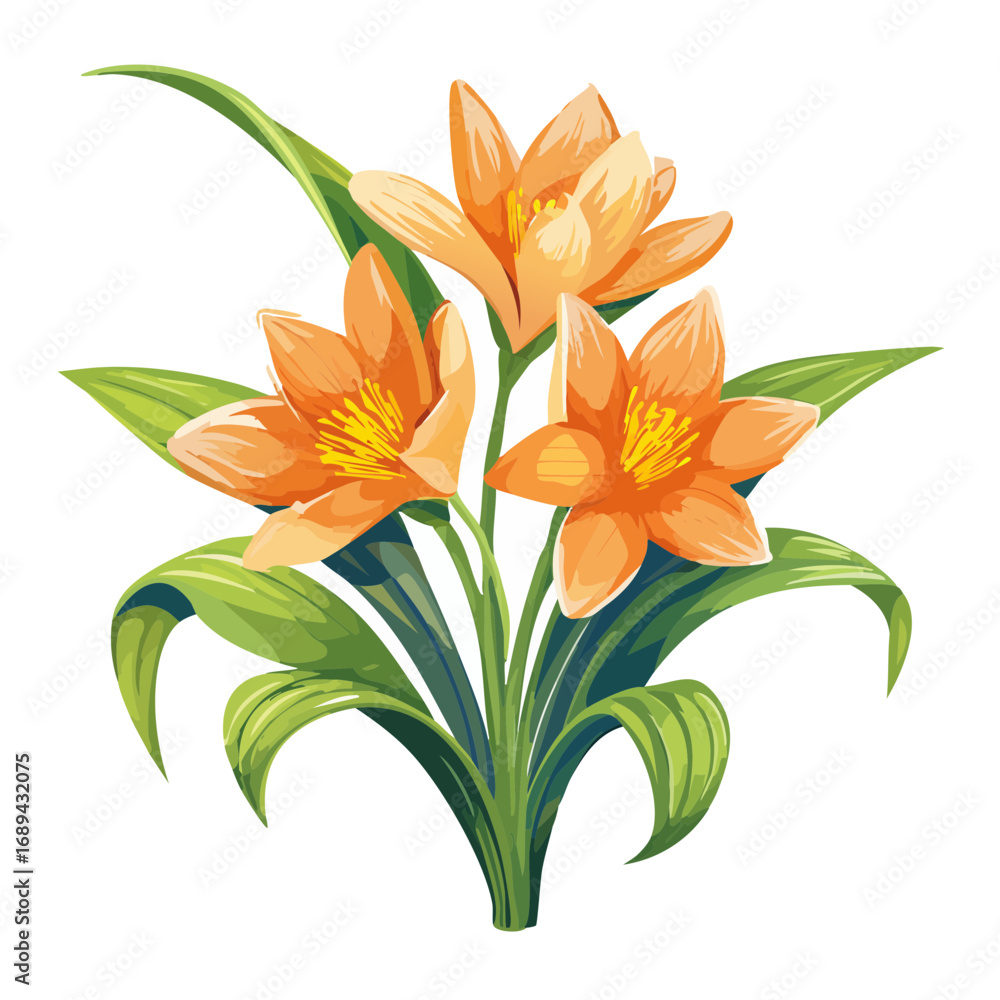 Obraz premium Elegant Orange Flowers Illustration with Green Leaves, Delicate Floral Design, Vector Graphic, Decorative Bouquet
