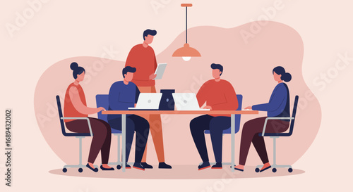 Diverse business team collaborating in a modern office, working on laptops and discussing strategy. Ideal for corporate, project management, or teamwork concepts.