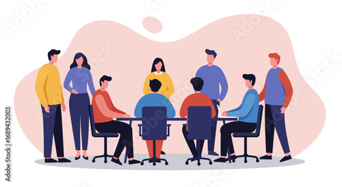 Diverse team of professionals collaborating in a business meeting, ideal for illustrating teamwork, strategy, communication, and corporate development.