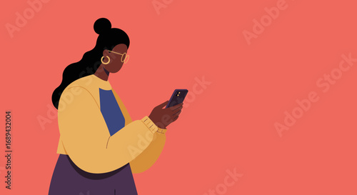Young Black woman focused on her smartphone, engaging with digital content or social media. Modern lifestyle and technology use.