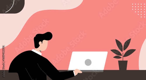 Professional man working on a laptop at a desk in a modern office or home setting. Ideal for business, remote work, education, and digital productivity concepts.