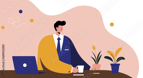 Professional businessman working at a modern office desk with laptop and coffee, symbolizing productivity and a focused work environment.