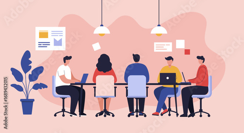 Diverse team collaborating in a modern office meeting room, working on laptops and discussing projects. Represents business strategy, teamwork, and communication.