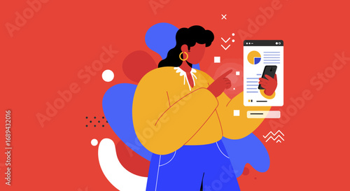 Woman interacting with data on a screen and smartphone, illustrating digital analytics, online business management, or mobile app usage for productivity and communication.