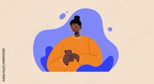 Stylish woman in an orange sweater and glasses using a smartphone, symbolizing digital communication, online engagement, and modern lifestyle. Ideal for technology, social media, or business concepts.