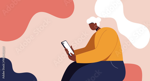 A modern flat illustration featuring a woman with white hair using a smartphone, highlighting digital connectivity and mobile technology for lifestyle and communication.