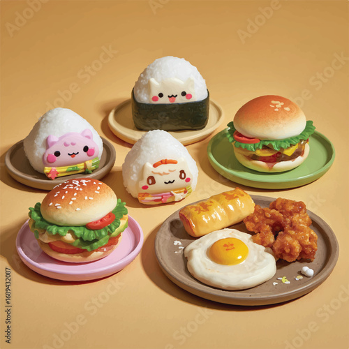 Delightful Food Arrangement Featuring Adorable Rice Balls and Miniature Burgers on Plates in a Studio Setup