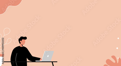 Minimalist illustration of a person working diligently on a laptop at a desk. Ideal for concepts like remote work, online learning, productivity, and modern business.