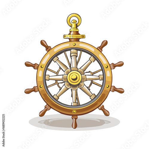 Illustrated wooden ship steering wheel with a golden frame and knobs for marine or nautical themes.