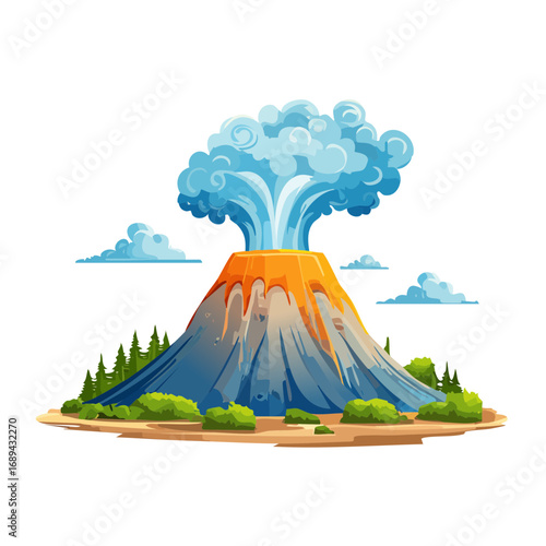 Cartoon volcano eruption with lava, smoke, trees, and shrubs on island landscape, set against a black background.