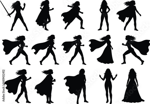 Superhero woman silhouette, female warrior in cape, strong empowered lady, girl hero poses vector, superhero stance illustration, action female clipart