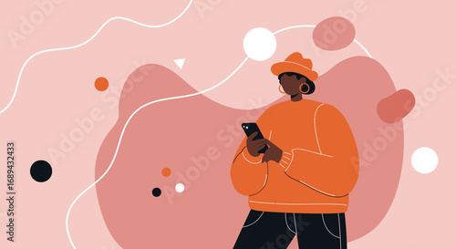 Stylish woman in an orange sweater and hat actively uses her smartphone, representing modern digital lifestyle, social media, and connectivity.