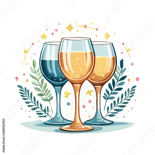 Festive celebration with wine glasses, confetti, stars and plants on black background